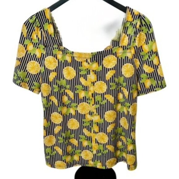 Cato Women's Medium Blouse Fruit Pin Stripes Lemon Motif Polyester RN37080 - Picture 1 of 7